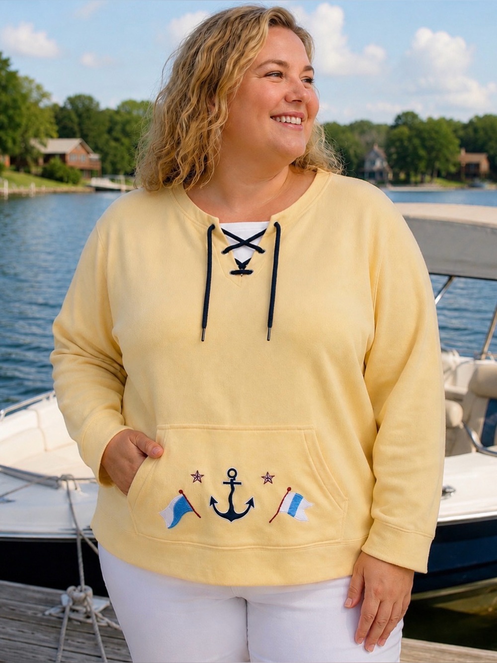 Vintage Breckenridge Woman 2X Nautical Anchor Embroidered Sweatshirt Yellow